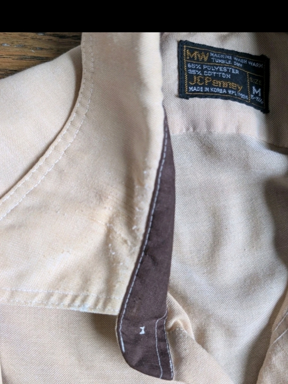 VTG 70s JCPenney MW Shirt Mens Medium Tan Butterfly Collar Contrast Disco Boho - Picture 15 of 15